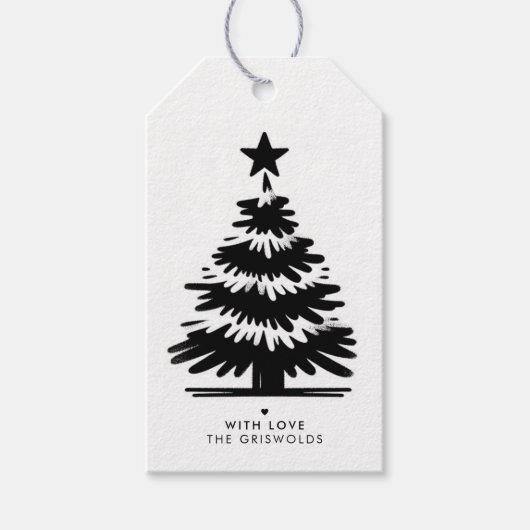 Rustic Grunge Black & White Merry Christmas Tree Cadeaulabel (Voorkant)