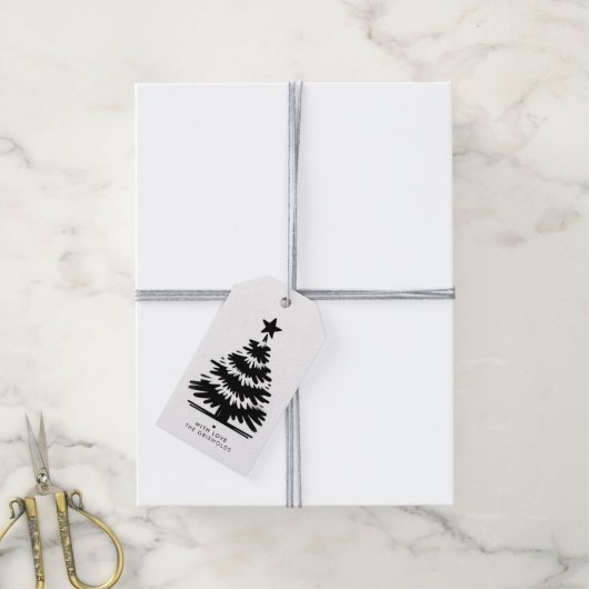 Rustic Grunge Black & White Merry Christmas Tree Cadeaulabel (Met Touw)