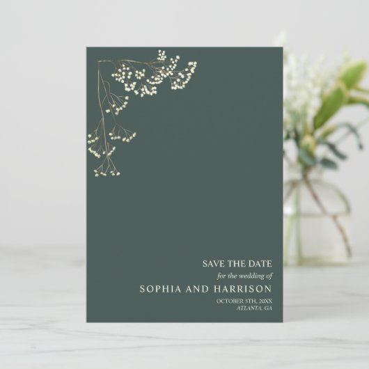 Rustic Gypsophila Emerald Wedding Save The Date (Staand voorkant)