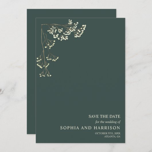 Rustic Gypsophila Emerald Wedding Save The Date (Voorkant / Achterkant)