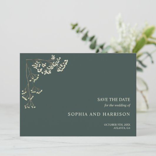 Rustic Gypsophila Green Wedding Save the Date (Staand voorkant)
