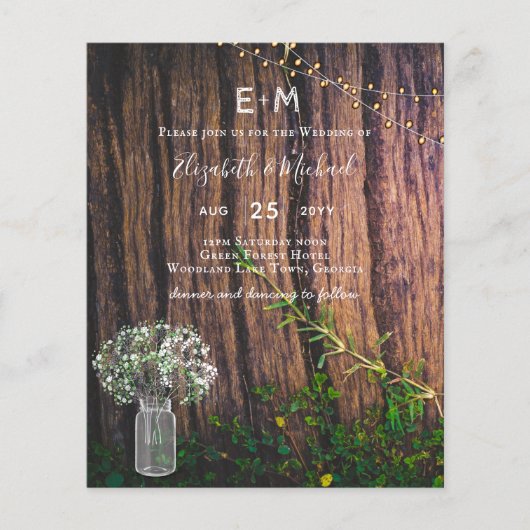 Rustic Gypsophila Lights Mason Jars BUDGET Invite (Voorkant)