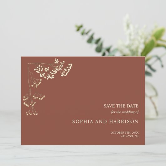 Rustic Gypsophila Terracotta Wedding Save The Date (Staand voorkant)