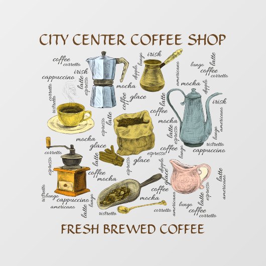 Rustic Hand Drawn Coffee Shop Art aanpassen Raamsticker (Vel)