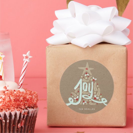 Rustic Hand Lettered Joy Calligraphy Kraft Holiday Ronde Sticker (Feest)