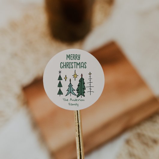 Rustic Hand Painted Green Abstract Christmas Trees Ronde Sticker