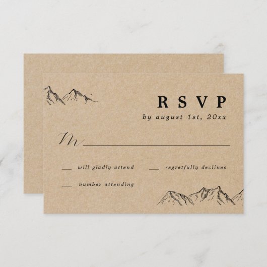 Rustic handgetrokken bergen en bomen die RSVP wedd (Voorkant / Achterkant)