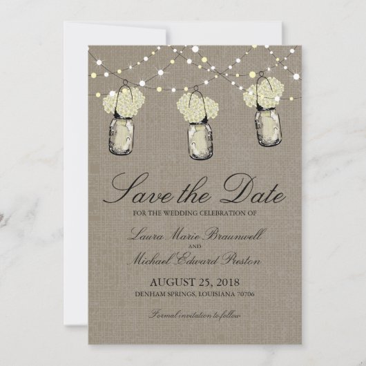Rustic Hanging Mason Jar Hydrangea Save the Date (Voorkant)