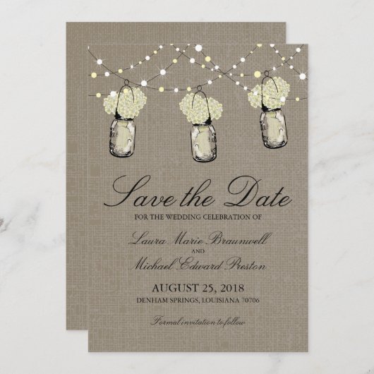 Rustic Hanging Mason Jar Hydrangea Save the Date (Voorkant / Achterkant)