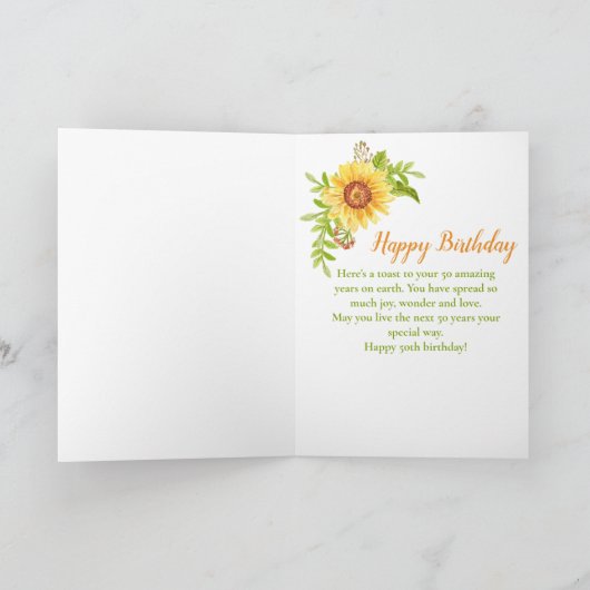 Rustic Happy 50th Birthday Floral Sunflower Kaart (Binnen)