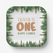 Rustic Happy Camper Eerste Verjaardag Groene Bos Papieren Bordje (Voorkant)