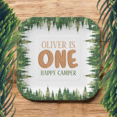 Rustic Happy Camper Eerste Verjaardag Groene Bos Papieren Bordje