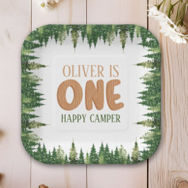 Rustic Happy Camper Eerste Verjaardag Groene Bos Papieren Bordje