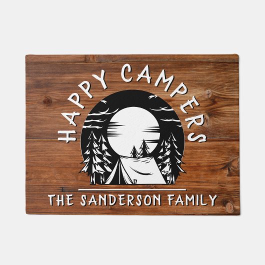 Rustic Happy Campers Familienaam Tent Pine Trees Deurmat (Voorkant)