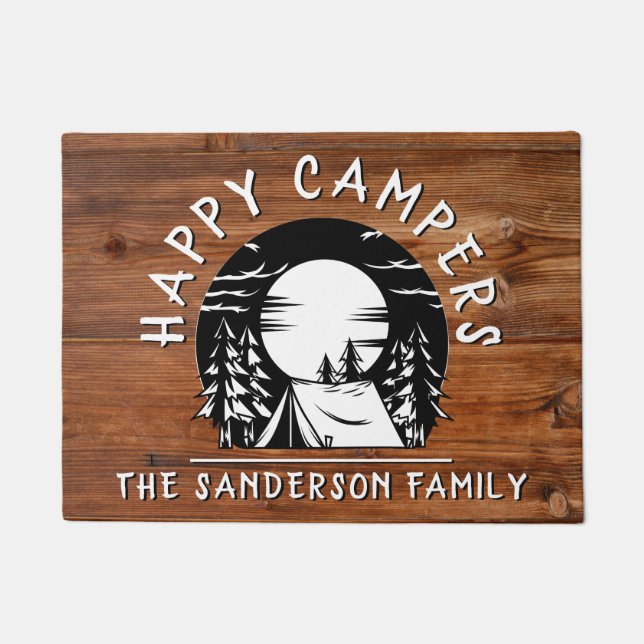 Rustic Happy Campers Familienaam Tent Pine Trees Deurmat (Voorkant)