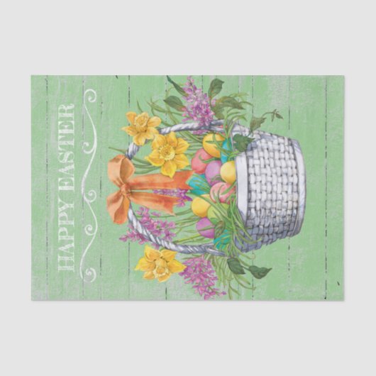 Rustic Happy Easter Basket of Flowers Eggs Tissuepapier (Voorkant)