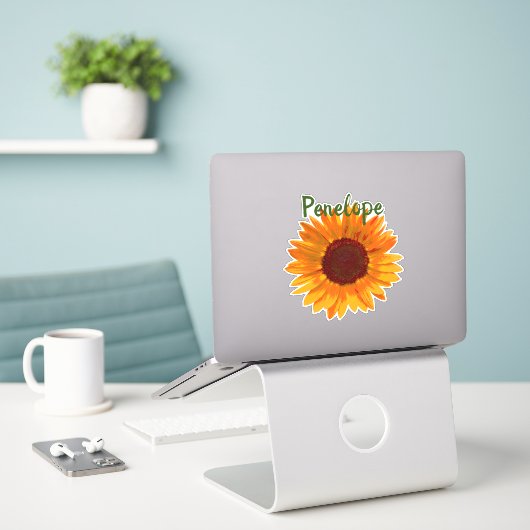 Rustic Happy Sunflower met naam Sticker (Laptop op bureau)