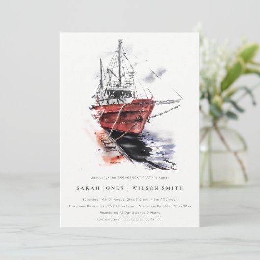 Rustic Harbor Yacht Sailboat Waterverf Verloving Kaart (Staand voorkant)