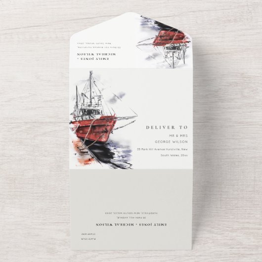 Rustic Harbor Yacht Sailboat Waterverf Weddenschap All In One Uitnodiging (Buitenkant)