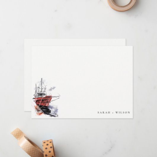 Rustic Harbor Yacht Sailboat Waterverf Weddenschap Notitiekaartje (Voorkant / Achterkant in situ)
