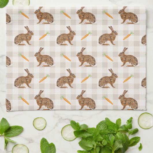 Rustic Hare And Carrot Pattern Beige Farmhouse Theedoek (Gevouwen)