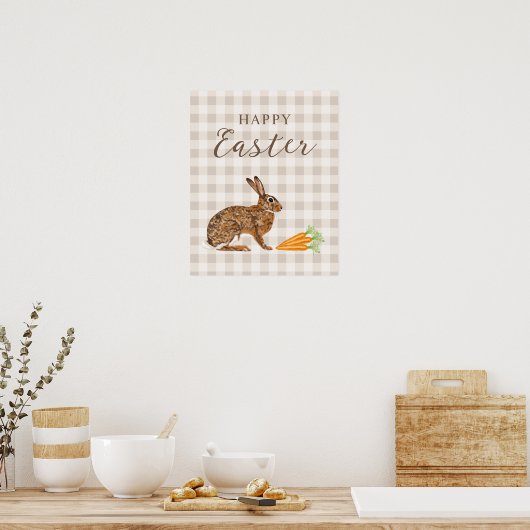 Rustic Hare And Carrots Happy Easter Beige Gingham Poster (Keuken)