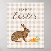 Rustic Hare And Carrots Happy Easter Beige Gingham Poster (Voorkant)