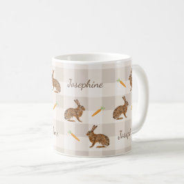 Rustic Hare And Carrots With Name Beige Gingham Koffiemok