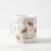 Rustic Hare And Carrots With Name Beige Gingham Koffiemok (Voorkant links)