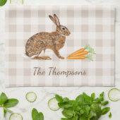 Rustic Hare And Carrots With Name Beige Gingham Theedoek (Gevouwen)
