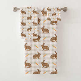Rustic Hares And Carrots Beige Gingham Pattern Bad Handdoek