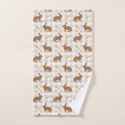 Rustic Hares And Carrots Beige Gingham Pattern Bad Handdoek (Handdoek)