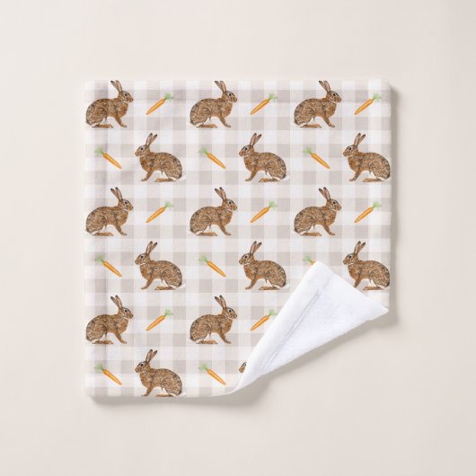 Rustic Hares And Carrots Beige Gingham Pattern Bad Handdoek (Wasdoekje)