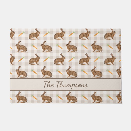 Rustic Hares And Carrots Beige Gingham Spring Deurmat (Voorkant)