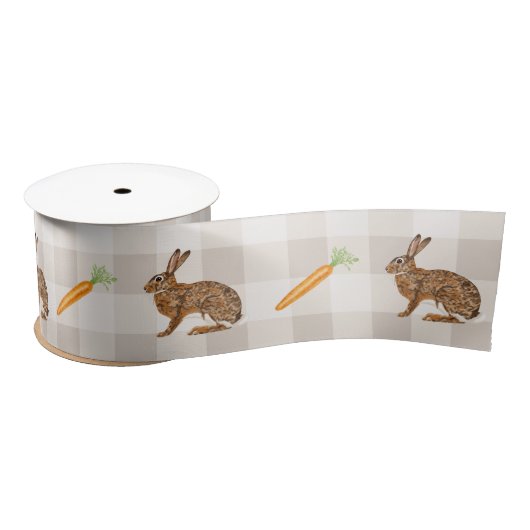 Rustic Hares And Carrots Beige Gingham Spring Satijnen Lint (Spoel)