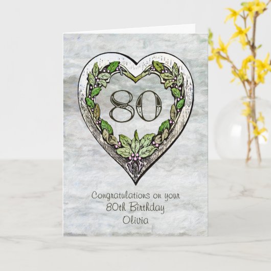 Rustic Heart 80th Birthday Kaart (Gele Bloem)