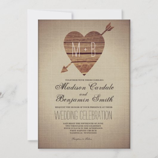 Rustic Heart Arrow Country Wedding Invitations Kaart (Voorkant)