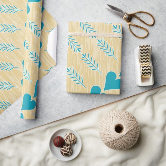 Rustic Heart Blue Blauwgroen Aqua Tan Brown Cadeaupapier (Crafts)