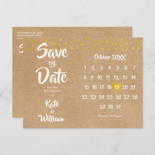 Rustic Heart Calendar Boho Bewaar de datum Briefkaart (Voorkant / Achterkant)
