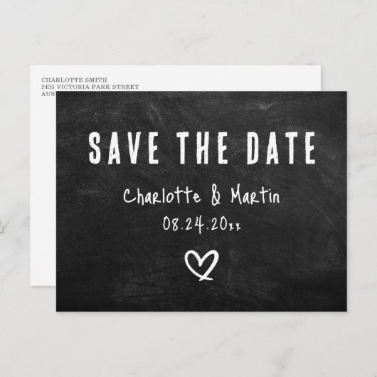 Rustic Heart Chalkboard Wedding Save the Date Briefkaart (Voorkant / Achterkant)