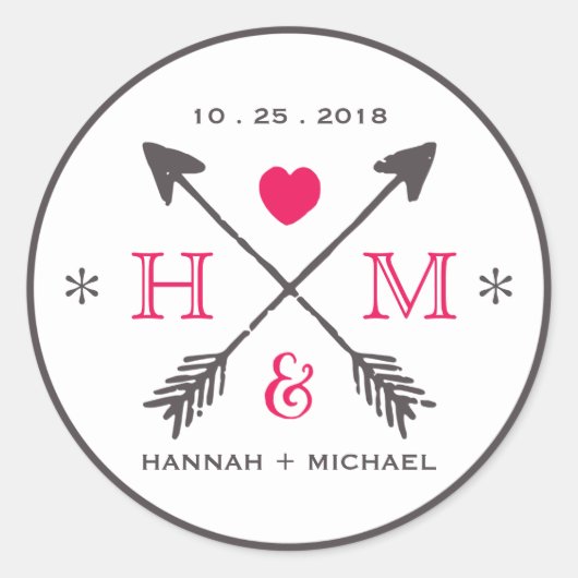 Rustic Heart en Arrow Monogram Wedding Sticker (Voorkant)
