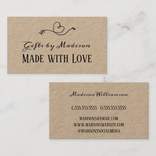 Rustic Heart Kraft Paper gemaakt met liefde |Handl Visitekaartje (Voorkant / Achterkant)