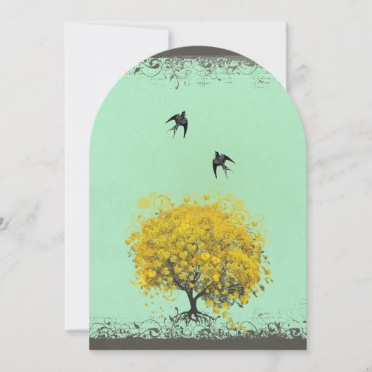 Rustic Heart Leaf Mustard Birds Wedding Invites Kaart (Voorkant)