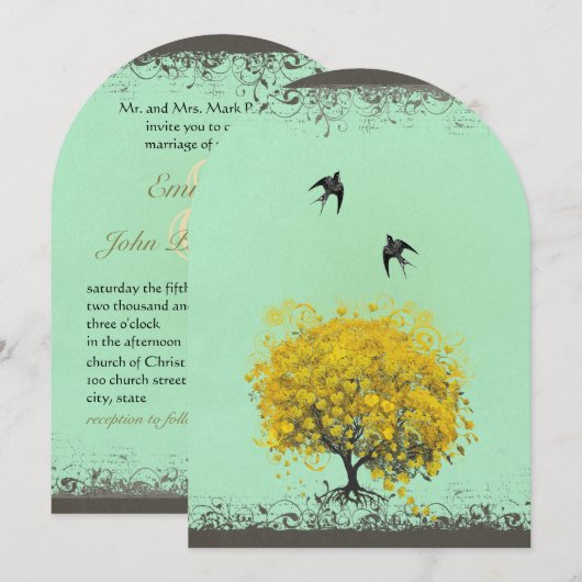 Rustic Heart Leaf Mustard Birds Wedding Invites Kaart (Voorkant / Achterkant)