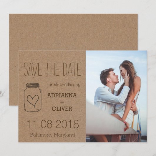 Rustic Heart MasonJar Save The Date Paar Foto 3 (Voorkant / Achterkant)