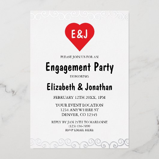 Rustic Heart Monogram Engagement Party Folie Uitnodiging (Voorkant)