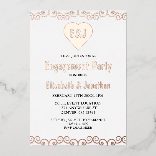 Rustic Heart Monogram Engagement Party Folie Uitnodiging (Voorkant)