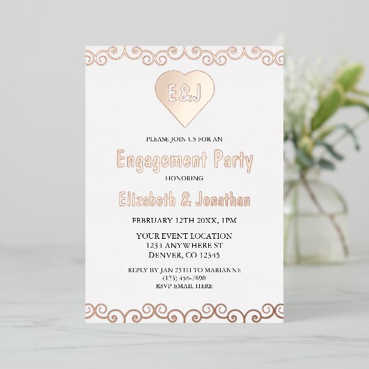 Rustic Heart Monogram Engagement Party Folie Uitnodiging (Staand Voorkant)