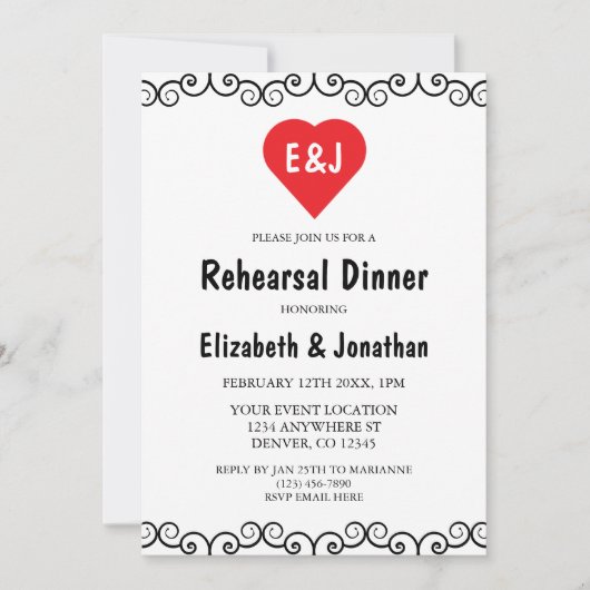 Rustic Heart Monogram Rehearsal Dinner Kaart (Voorkant)
