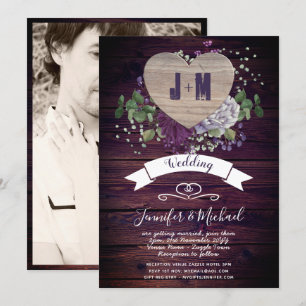 Rustic Heart PHOTO Wedding nodigt Paars hout uit Kaart